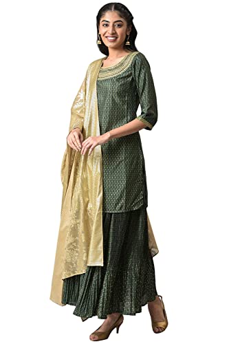 Aurelia Women Green Embroidered Kurta With Flared Skirt And Golden Dupatta
