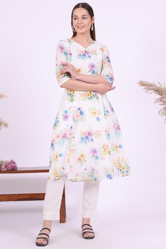 Aurelia Women's White Floral Printed A-line Kurta with Zari Embroidery