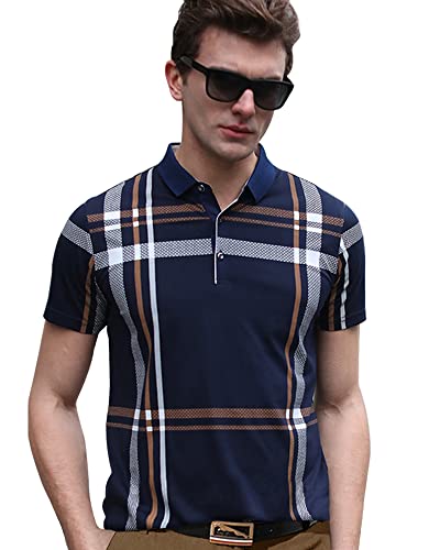 Eyebogler MenS Trendy Polo Neck Half Sleeves Regular Fit Checkered T-Shirt Navy Blue
