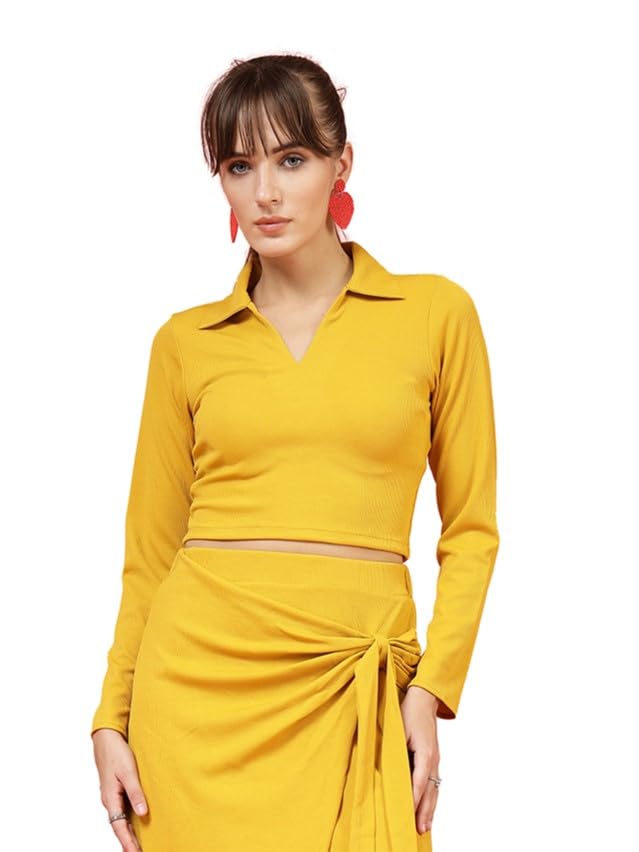 OOMPH! Stretchable Full Sleeved Ribbed Top, Yellow, mt854