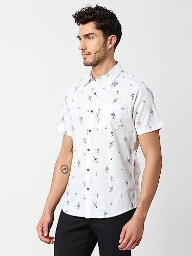 Thomas Scott Mens Printed Slim Fit 100% Cotton Casual Shirt with Spread Collar and Half Sleeve White