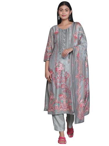 Libas Womens Printed Silk Blend Pakistani Kurta With Trousers And Dupatta