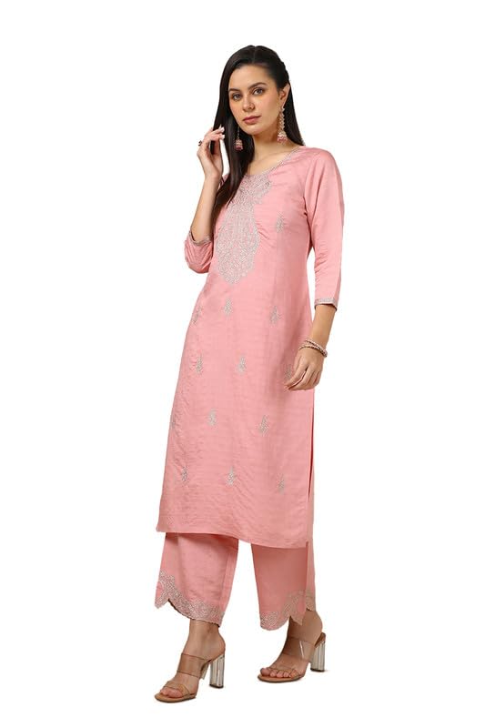 Soch Womens Peach Muslin Blend Woven Design Kurta Set With Thread Work