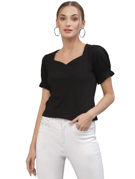 Style Quotient Women Black Solid Pure Cotton Sweetheart Neck Top