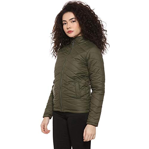 Campus Sutra Womens Olive Green Puffer Regular Fit Bomber Jacket for Winter Wear | Standing Collar | Full Sleeve | Zipper | Cas