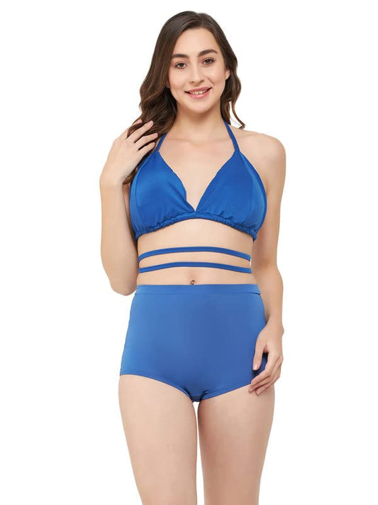 Clovia Womens Padded Halter Neck Bikini Top & High Waist Bikini Bottoms (SM0124P08_Blue_XXL)