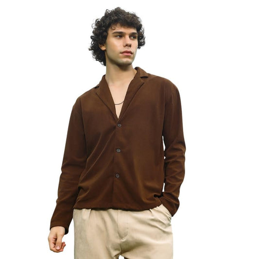 Campus Sutra Mens Chocolate Brown Ribbed Oversized Shirt for Casual Wear | Cuban Collar | Long Regular Sleeves | Button Closure