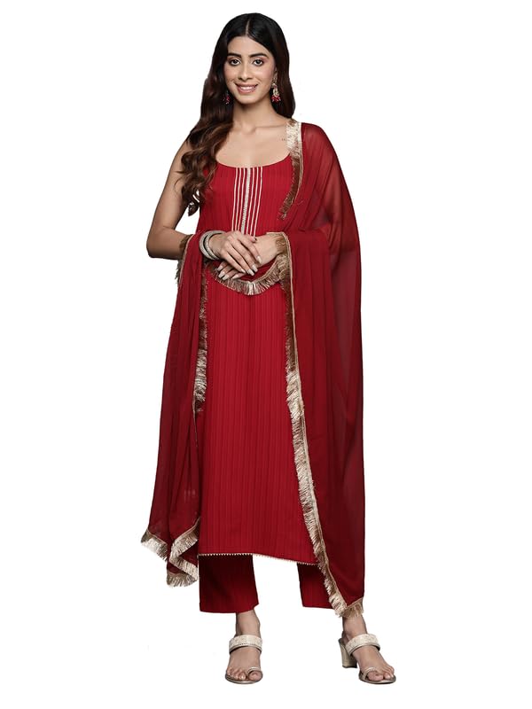 Varanga Women Maroon Round Neck, Spaghetti Strap Style Straight Kurta Paired With Tonal Bottom And Dupatta  Stylish & Comfortabl