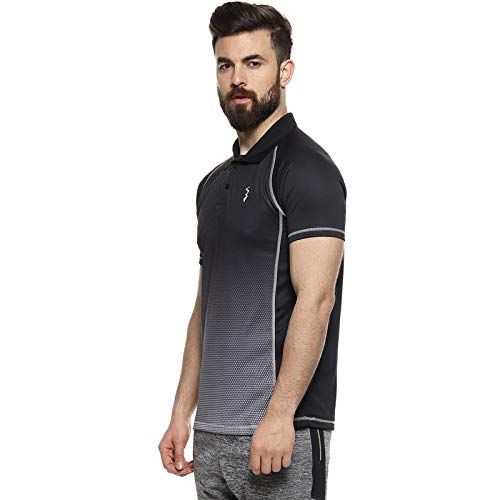 Campus Sutra Mens Black & Grey Ombre Polo Activewear T-Shirt for Casual Wear | Spread Collar | Short Sleeve | Half-Button Closu