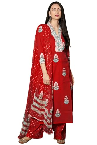 GoSriKi Womens Rayon Viscose Printed Straight Kurta with Pant & Dupatta (Belagavi Red-GS_XL_Red_X-Large)