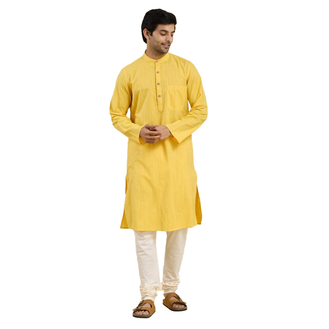 Fabindia Slim Fit Yellow Cotton Long Kurta
