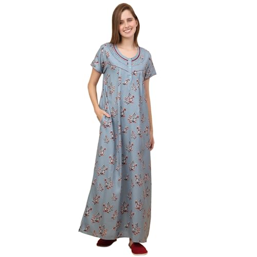 Sweet Dreams Women Printed Full Length Night Dress Grey