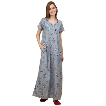 Sweet Dreams Women Printed Full Length Night Dress Grey