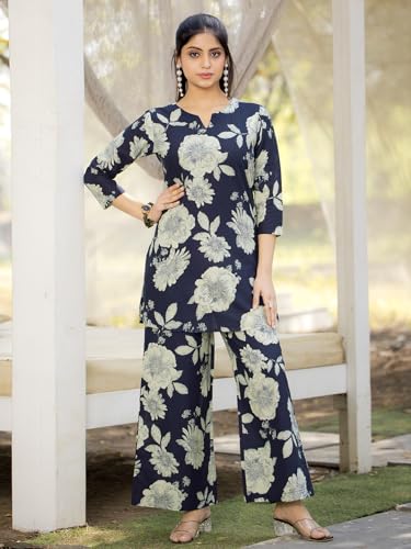 Pinkmint Pure Cotton Co Ord Set For Women L Flower & Leaf Pattern Set L 3/4 Sleeve Co Ord Set
