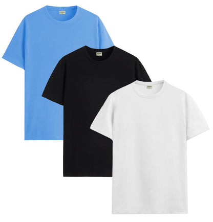 ADRO Mens Solid Regular Fit T-Shirt (RCM3-PLN-SK-BL-WH_Sky Blue,Black,White