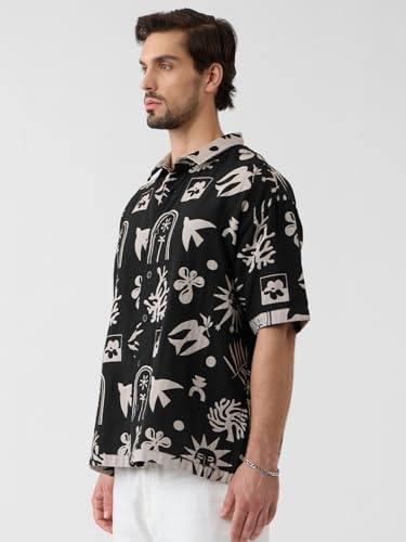 The Souled Store Monochrome Mirage Men and Boys Short Sleeves Collared Neck Button Front Black and White All Over Printed Cotton