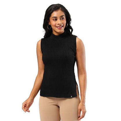 BlissClub Move All Day Sleeveless Top, 100% Cotton,Turtleneck Collar,High Side Slits,Versatile