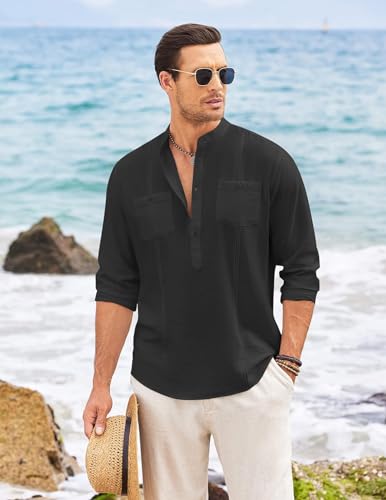 Macsivo Cotton Blend Solid Casual Short Kurta For Men Long Sleeve Mandarin Collar Stylish Shirt Kurta For Men Black