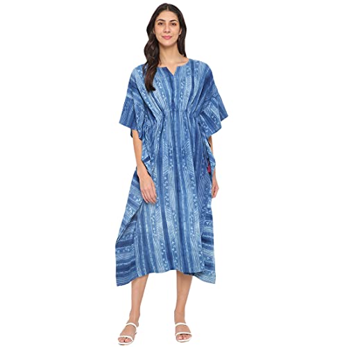 Fabindia Women'S Blue Cotton Printed Hand Block Print Kaftan Midi Dress (102438701_Indigo