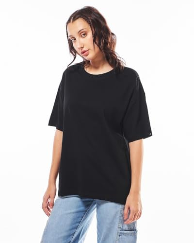Bewakoof Womens Solid 100% Cotton T-Shirt - Oversized Fit, Round Neck, Half Sleeves