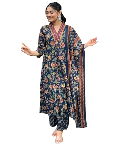 GoSriKi Womens Rayon Blend Anarkali Printed Kurta with Palazzo & Dupatta (CIA Blue-GS_3XL_Blue_XXX-Large)