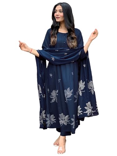 GoSriKi Womens Rayon Viscose Anarkali Printed Kurta with Pant & Dupatta (Gangori Kerosin-GS_XXL_Dark Blue_XX-Large)