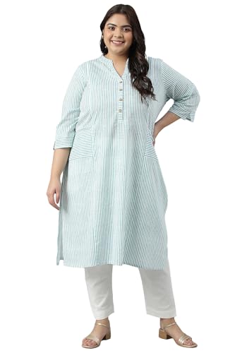 Green Stripe Printed Straight Plus Size Kurta