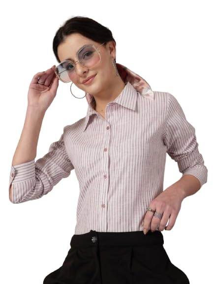 Style Quotient Women Mauve and Off White Stripe Linen Regular Fit Formal Shirt