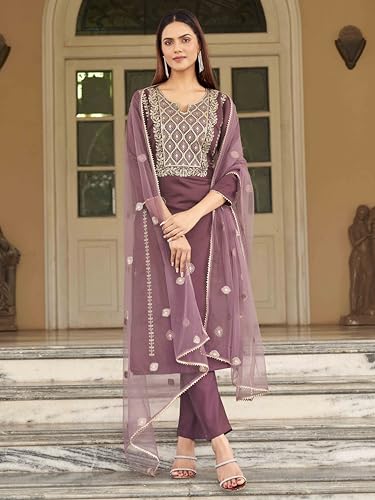Womanista Women's Mauve Embroidery Kurta with net Dupatta & Trouser