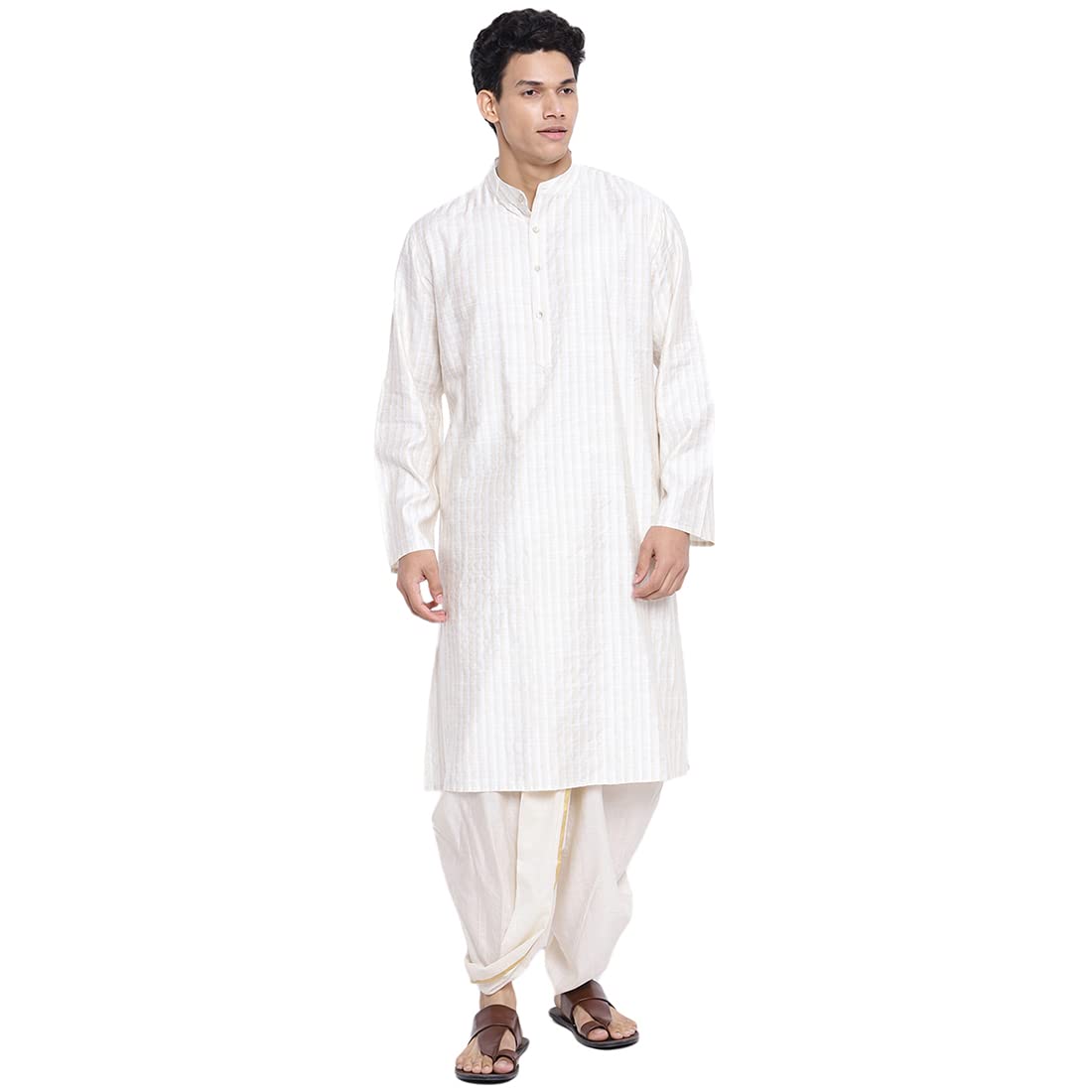Fabindia Men Viscose Blend Striped Long Kurta Natural_Xs