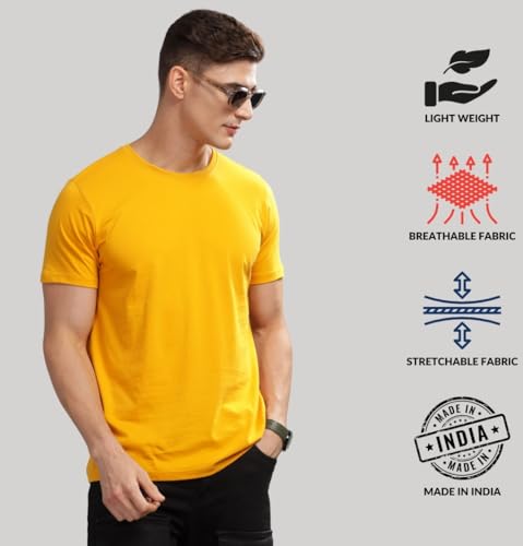 ADRO Men's Solid Regular Fit T-Shirt (RCM3-PLN-MU-WH-GR_Mustard,White,Grey