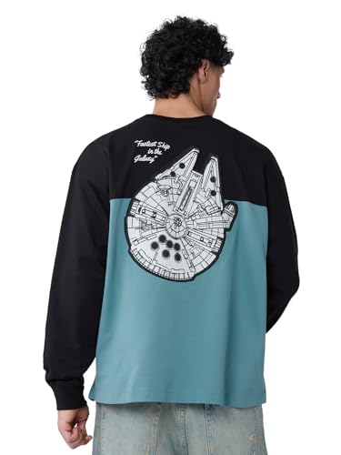 The Souled Store Star Wars: Fastest Ship Men and Boys Round Neck Blue and Black Graphic Printed Cotton Oversized Full Sleeve T-S