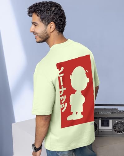 Bewakoof X Official Peanuts Merchandise Mens Graphic Printed Cotton Jersey T-Shirt - Oversized Fit, Round Neck, Half Sleeves Gr