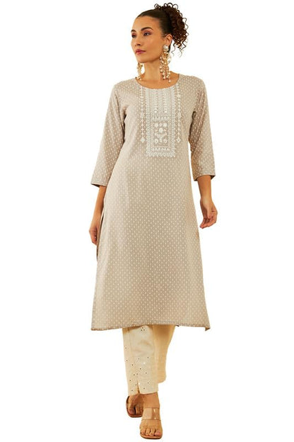 Soch Womens Grey Rayon Floral Printed Kurta With Faux Mirror