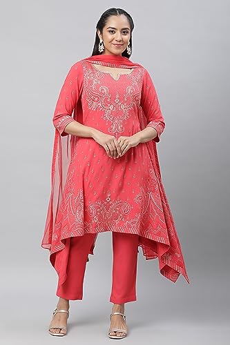 Aurelia Women's Viscose Red Rayon Twill Asymmetrical Kurta Trouser With Dupatta Set