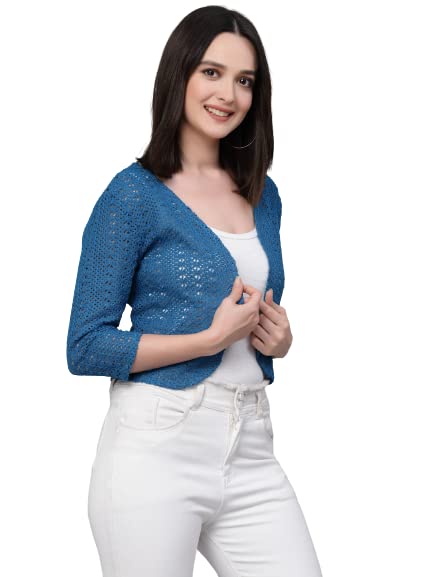 Style Quotient Women self Design Blue Open Front Crop Shrug