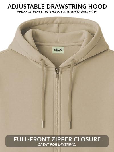 ADRO Mens Cotton Solid Zipper Hoodie Sweatshirts (ZH23-PLN-BE_Beige)