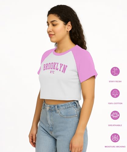 SHODOX 100% Cotton Crop top for Womens - Printed Raglan Sleeve Stylish Tshirt, Relaxed Fit Drop Shoulder Tops for Women