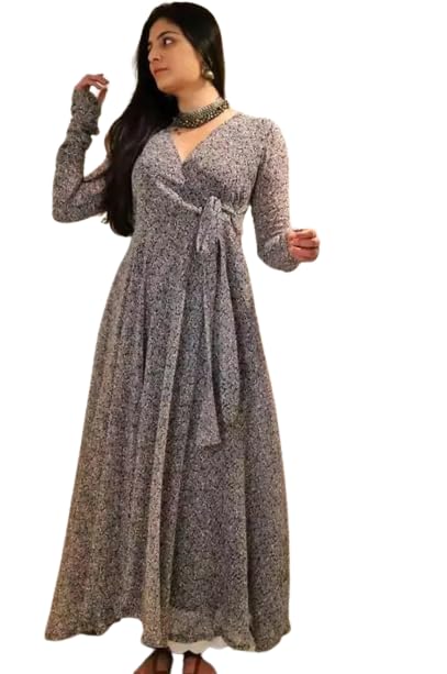 Fashion2wear Womens Georgette Fit and Flare V-Neck Gown Elegant Silhouette in Effortless Style | 3/4 Sleeve | Dress for Women (