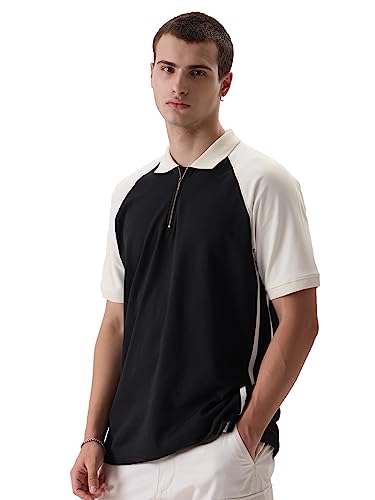 The Souled Store Solids: Black & White Colourblock Mens and Boys Regular fit Solid Half Sleeve Cotton Blend Multicolored Mens Po