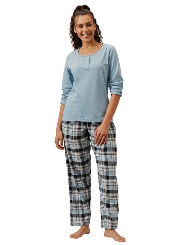 Clovia WomenS Baby Blue Top & Checkered Pyjama Set (Ls0797P03_Blue_L)