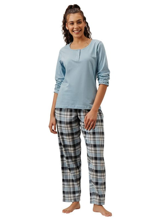 Clovia WomenS Baby Blue Top & Checkered Pyjama Set (Ls0797P03_Blue_L)