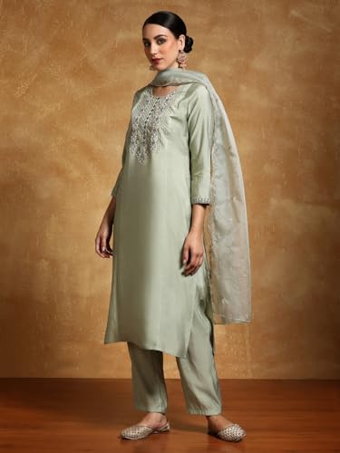 Varanga Women-Thread & Sequin Embroidered Yoke Kurta With Trouser & Scallop Dupatta