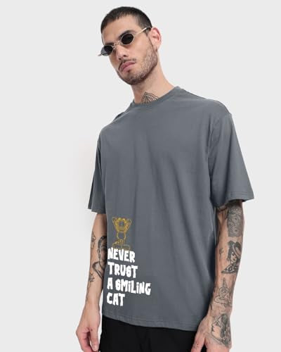 Bewakoof X Official Garfield Merchandise MenS Smiling Cat Graphic Printed 100% Cotton T-Shirt - Oversized Fit, Round Neck, Half