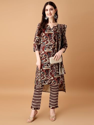 Pratham Blue Kurta Set for Women Cotton Blend Straight Printed Kurta Set for Women with Pant and Dupatta