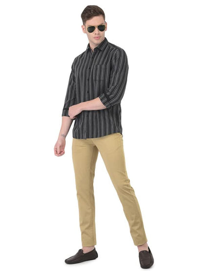Turtle Men Cotton Melange Black Slim Fit Striped Shirts