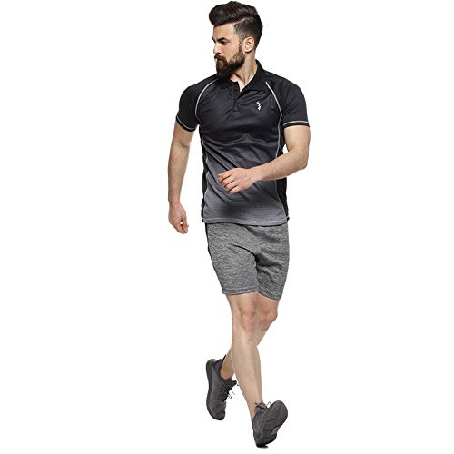 Campus Sutra Mens Black & Grey Ombre Polo Activewear T-Shirt for Casual Wear | Spread Collar | Short Sleeve | Half-Button Closu