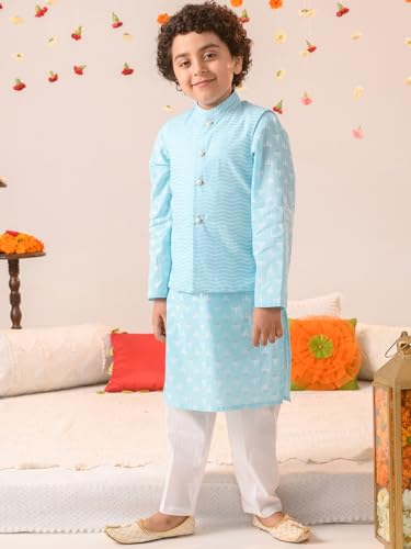 Pspeaches Boys Striped Pure Cotton Kurta With Pyjamas Nahru Jacket