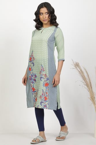 W for Woman Green Floral Print Polyester Straight Kurta Set with Tight