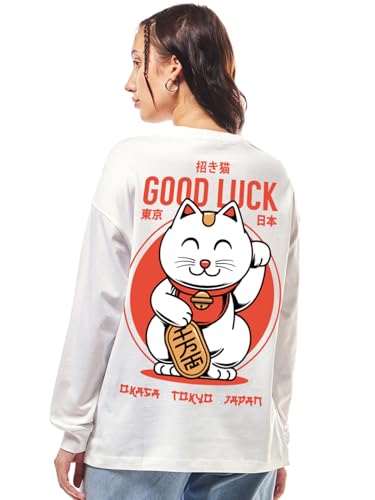 Bewakoof Womens Graphic Print Oversized Fit Full Sleeve Round Neck Cotton Jersey T-Shirt_651292_White_XS